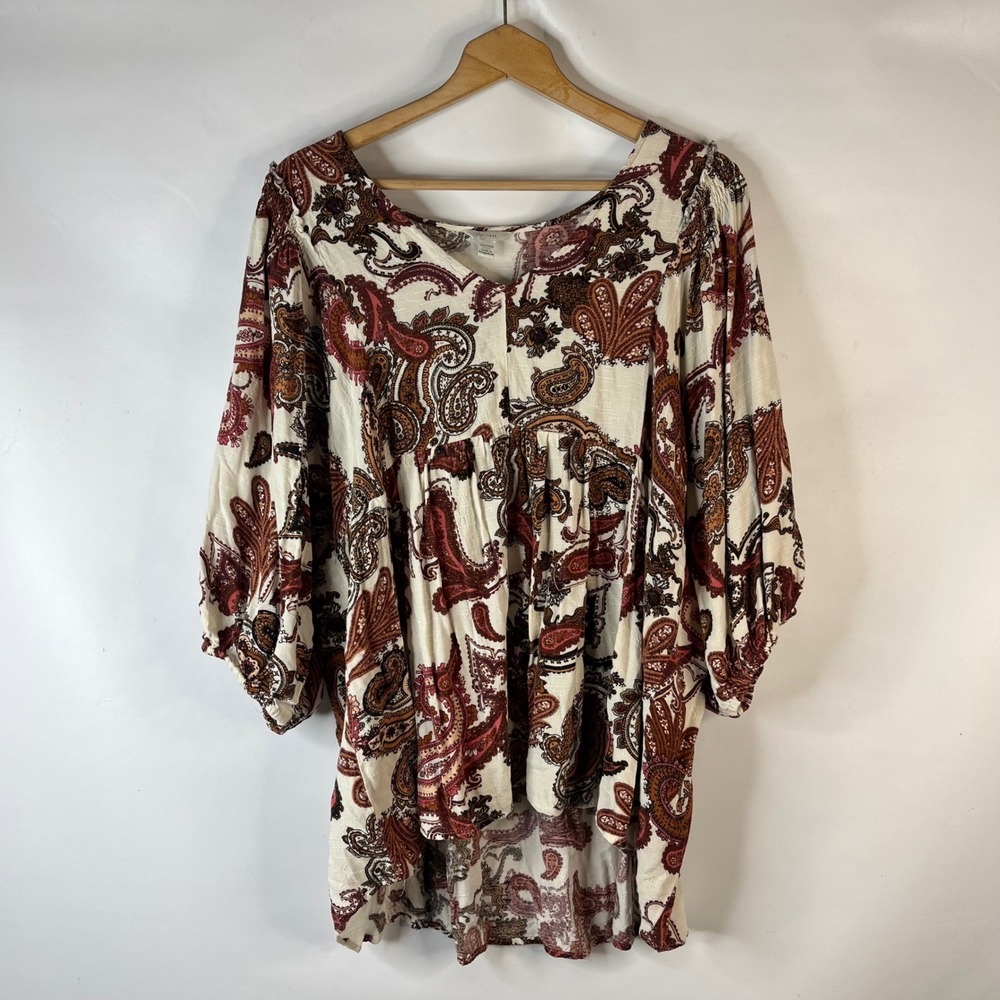 Cato Blouse Women 22/24W Cream Paisley Boho Babydoll High-Low Top
